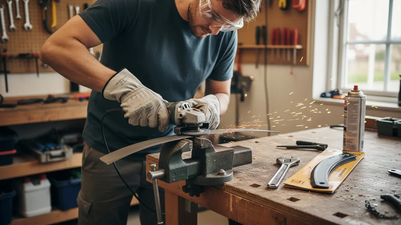 Person med sikkerhedsbriller og handsker sliber eller inspicerer plæneklipperklinge