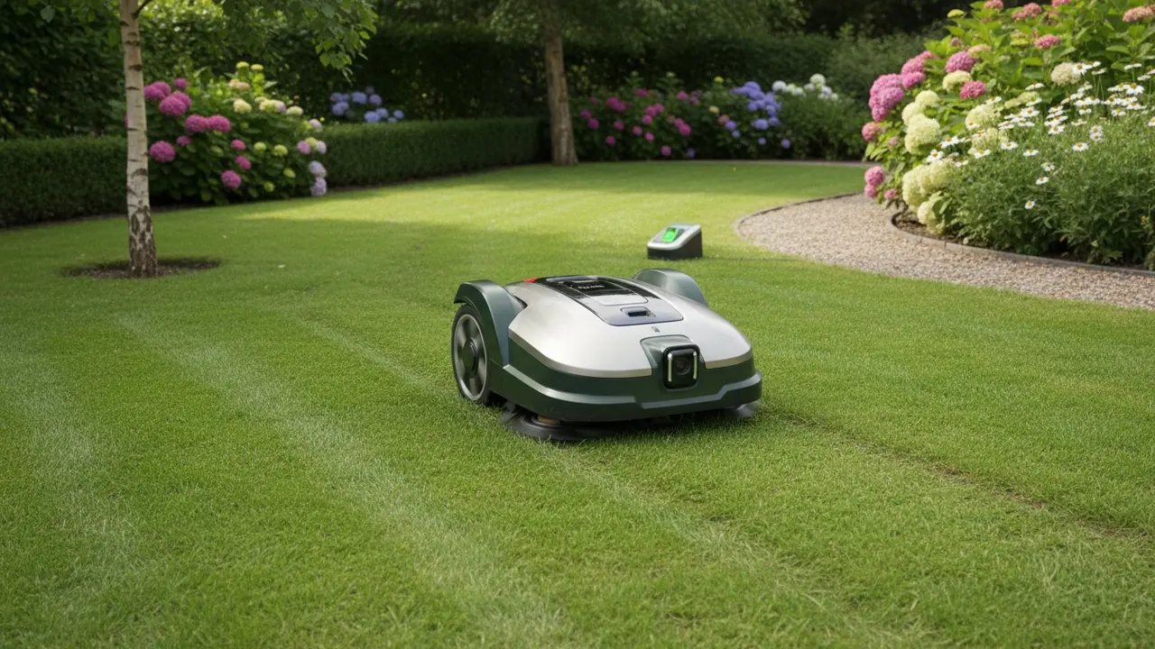 Robotplæneklipper på græs med ladestation i en velplejet have