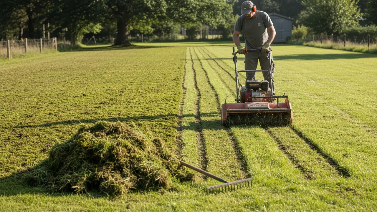 Vertikalskærer laver lodrette riller i plænen, mos og dødt græs fjernes