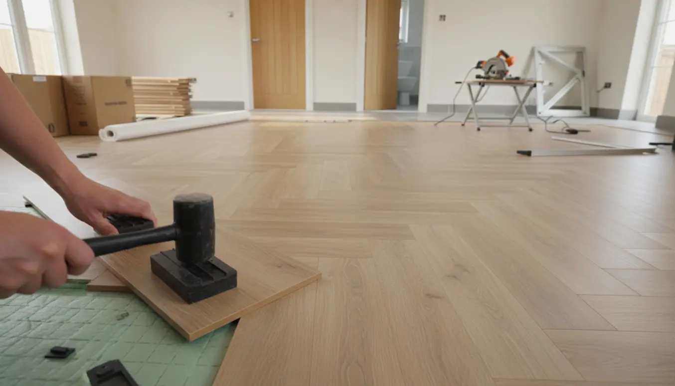 Detaljeret foto af lægning af laminat sildebensgulv med lyddæmpende underlag i et tomt nyrenoveret hus.