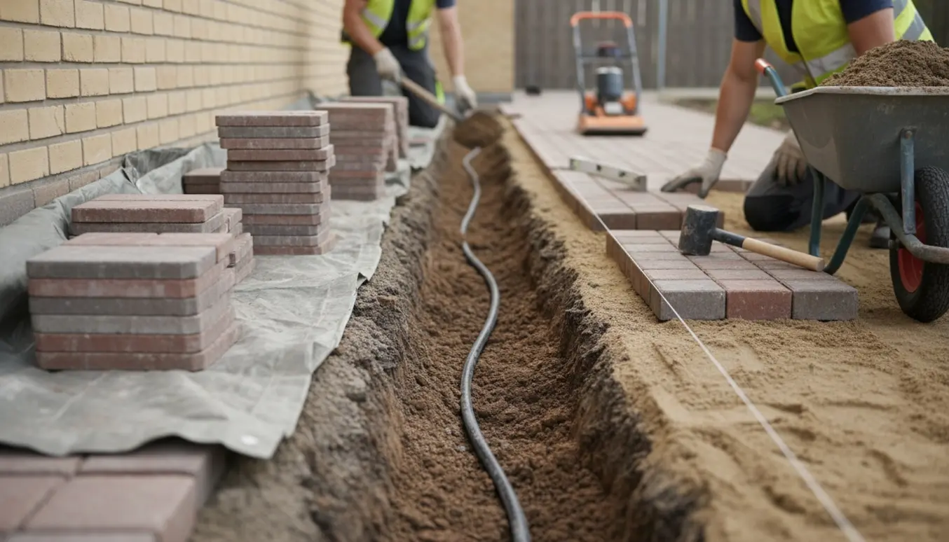 Åben kabelrende og stabler af fliser langs husets sokkel under fjernelse og genlægning.