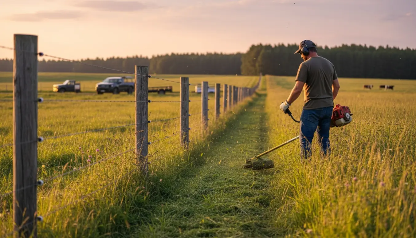 Person trimmer græs og vilde urter langs et kreaturhegn ved gylden sollys.