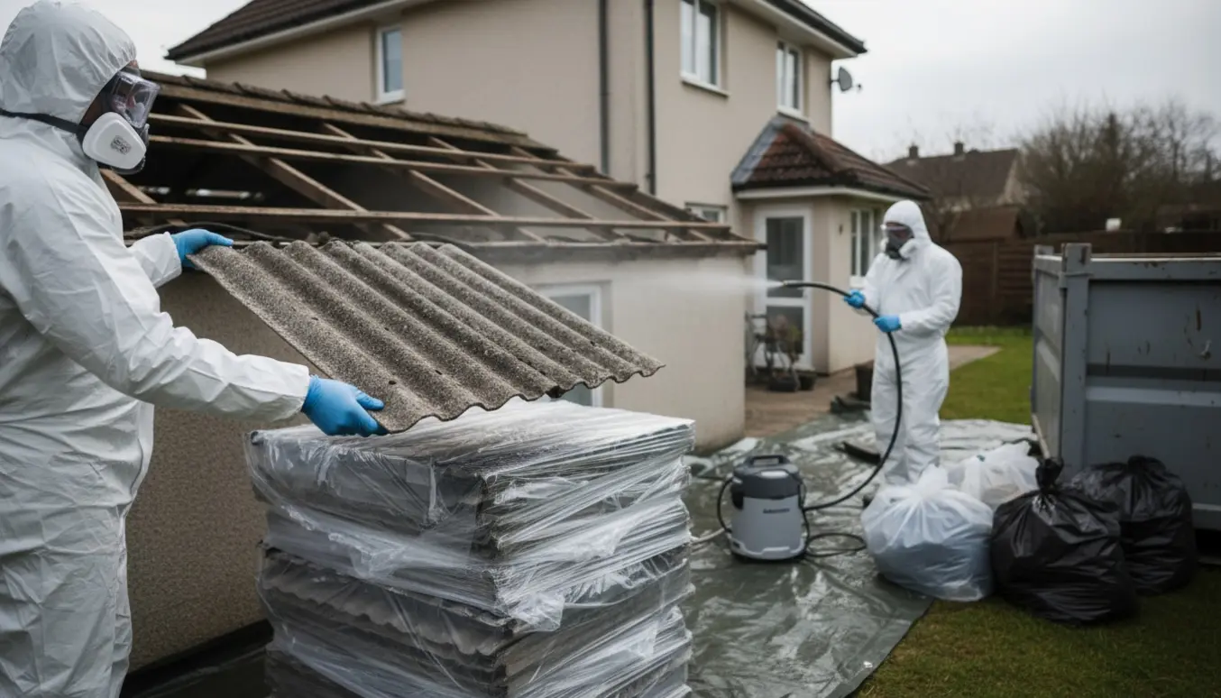 Arbejdere i beskyttelsesdragt fjerner og stabler asbestholdige tagplader ved et lille anneks.
