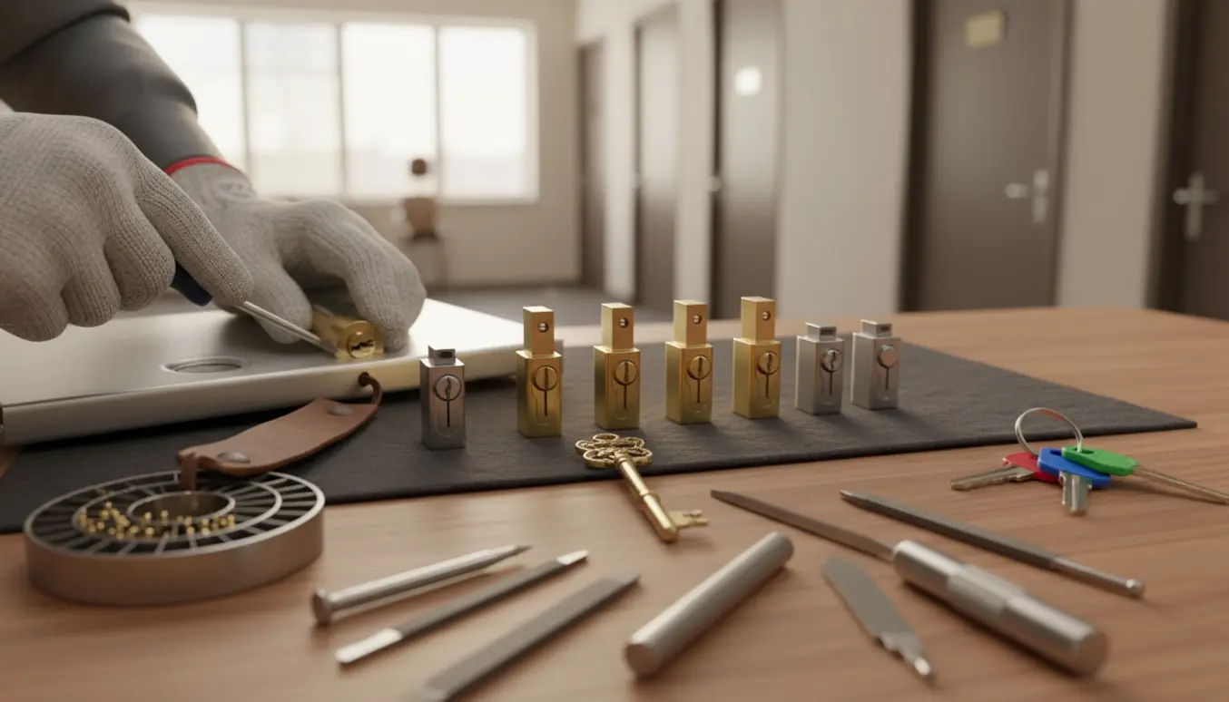 Nærbillede af en låsesmed, der monterer en ny lås i en postkasse med nøgler og låsecylindre på et arbejdsbord.