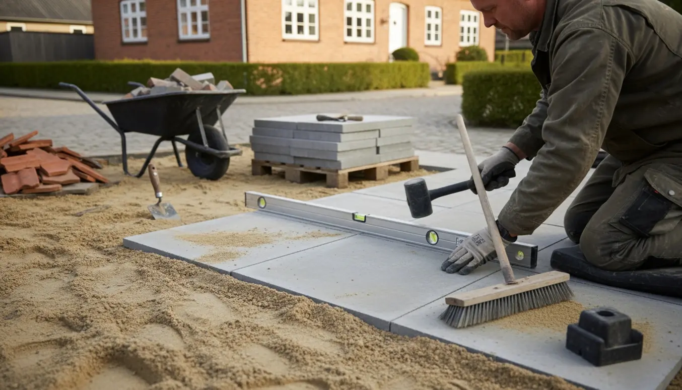 Omlægning af 50x50 cm fliser på to terrasser og en gang i en privat have i Nyborg.