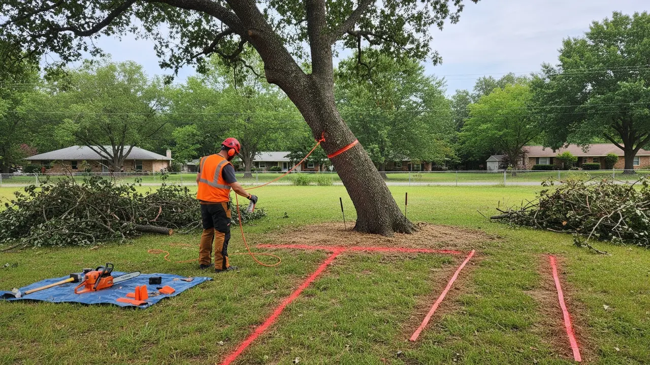 Person vurderer træ og markerer faldretning med ryddet flugtvej