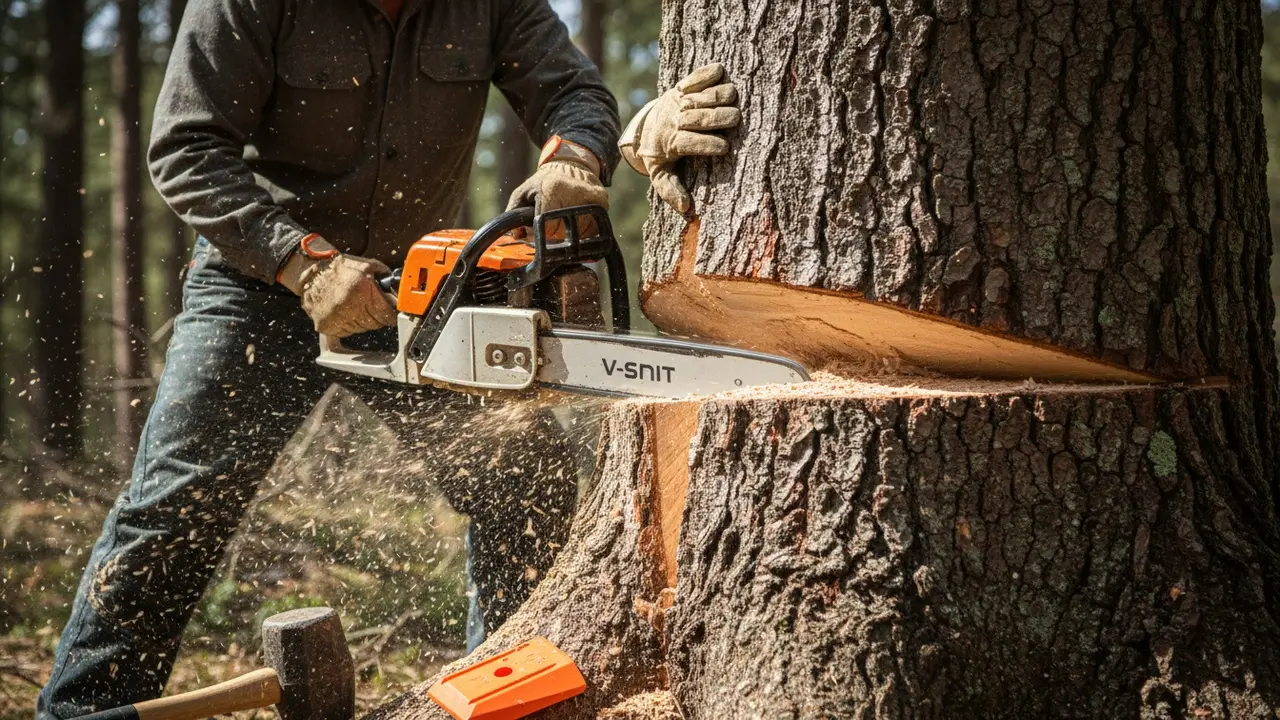 Nærbillede af person der laver skråt fældesnit (V-snit) i træstamme