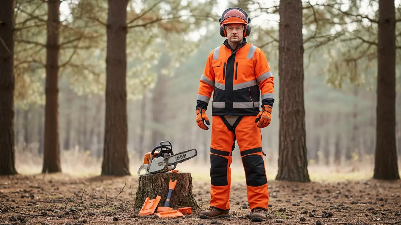 Person iført komplet sikkerhedsudstyr til træfældning ved siden af sav