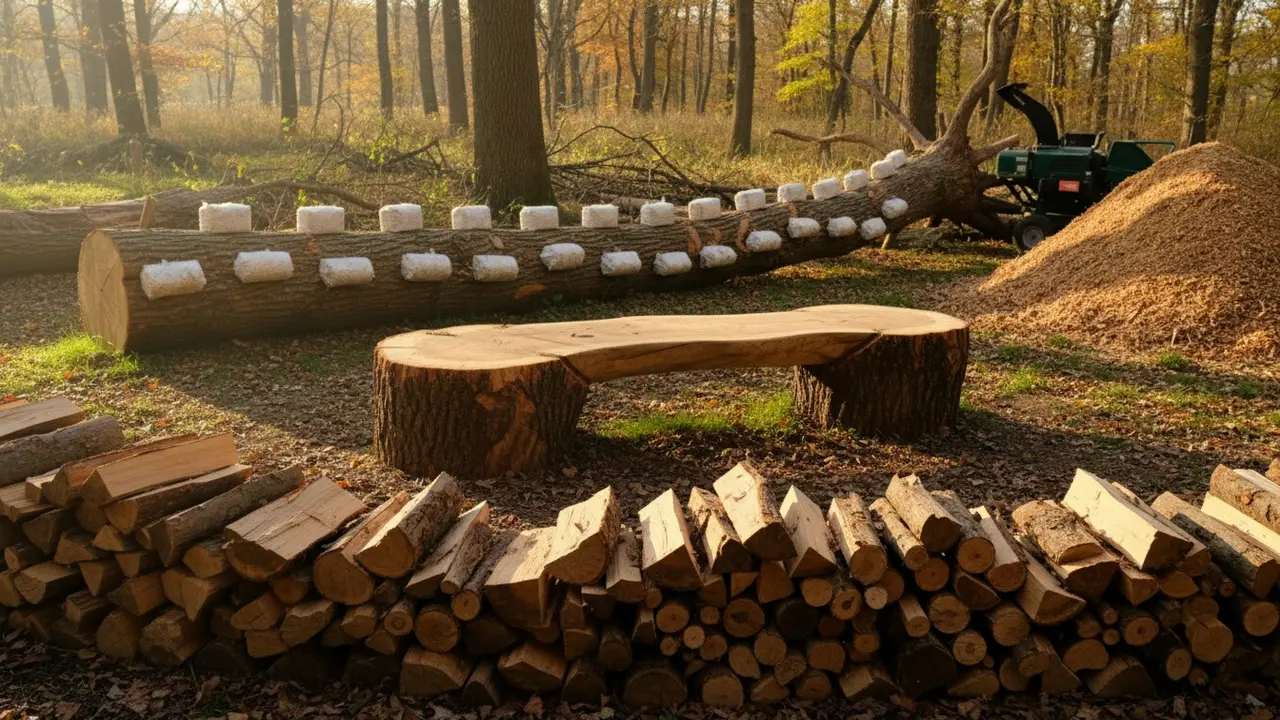 Eksempler på genbrug: brænde, havemøbel af stamme og svampedyrkning