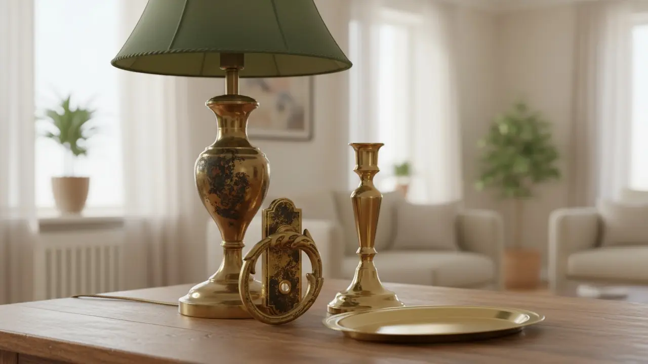 Forskellige messinggenstande på et bord, nogle matte og nogle ny-polerede