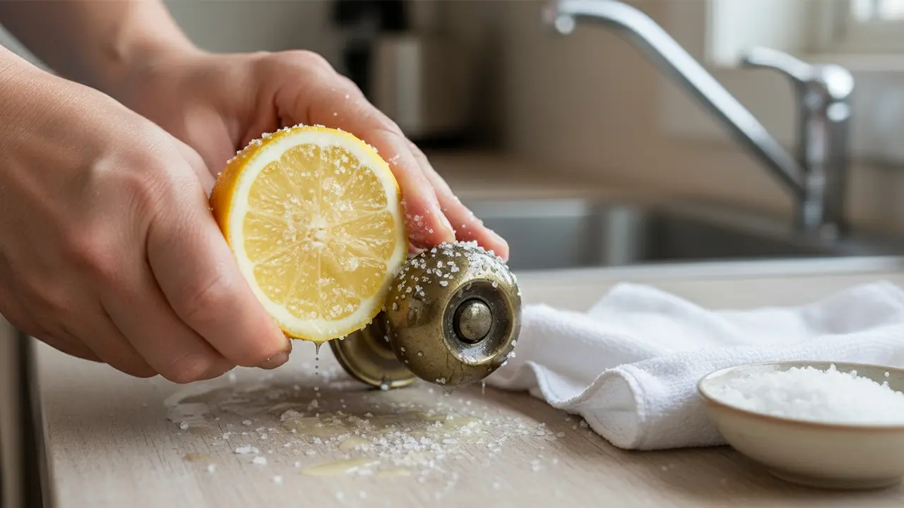 Hånd gnider halveret citron med salt på et mat messingtøj