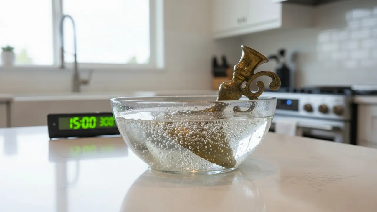 Messinggenstand delvist nedsænket i en skål med eddikeopløsning