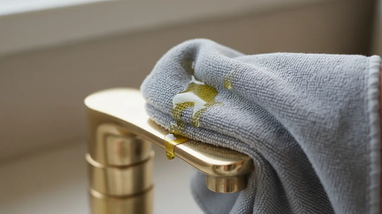 Klud med olivenolie polerer en messingoverflade og efterlader glans