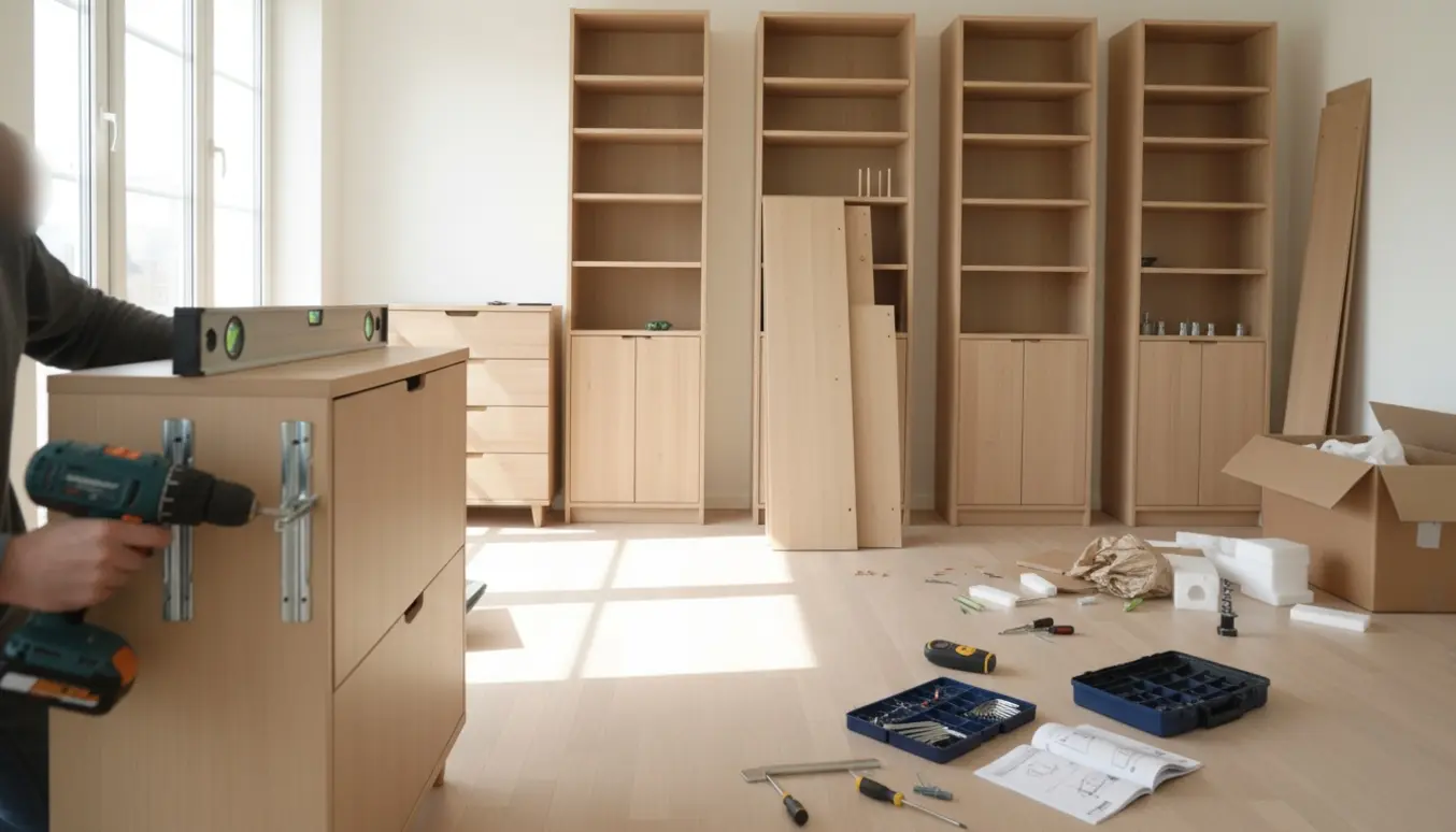 Montage og ophængning af reoler og skoskabe i en lys lejlighed med værktøj og sammenfoldede papkasser klar til bortskaffelse.