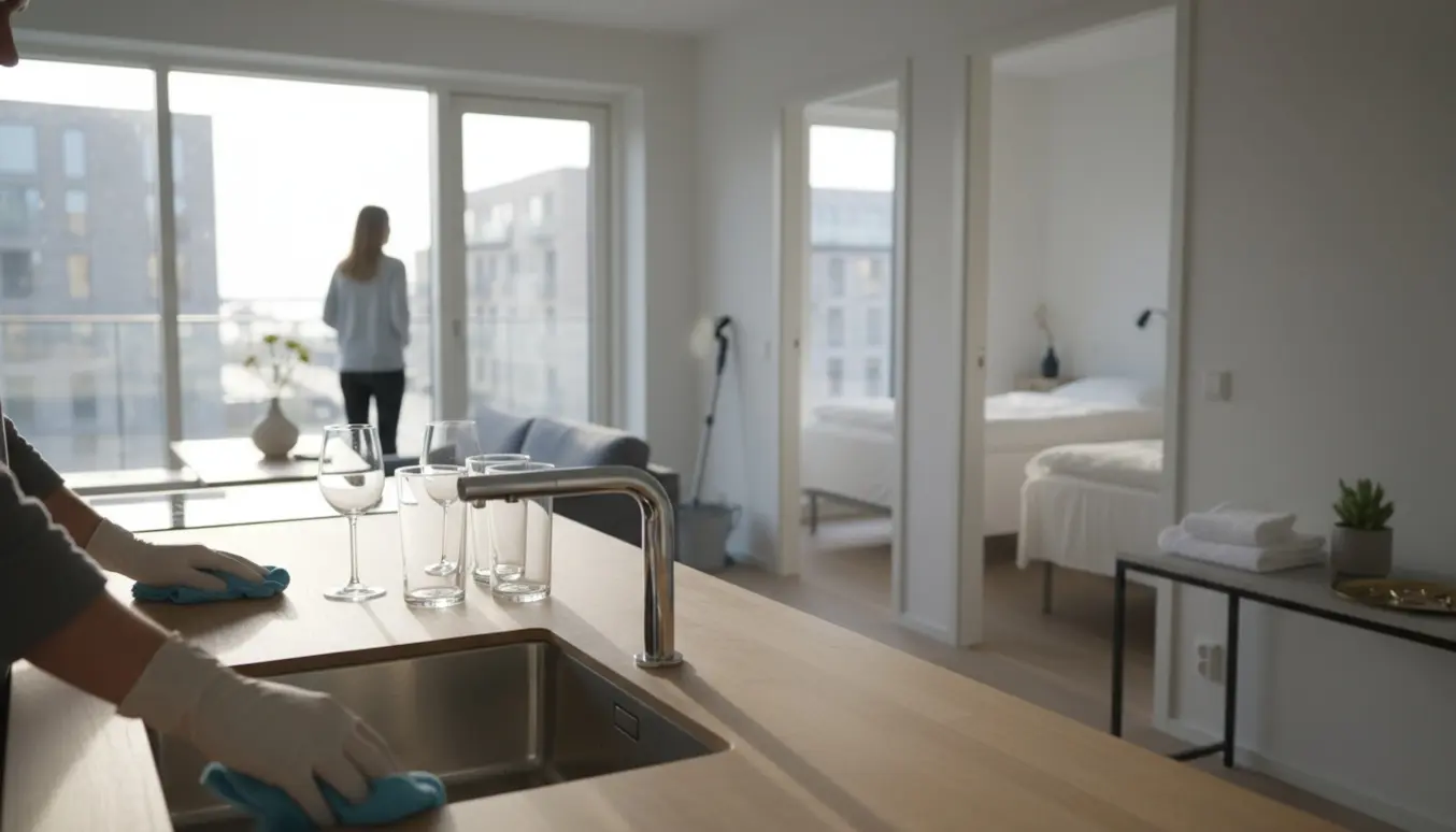 Soloplyst moderne lejlighed på Aarhus Ø med rengøringshandsker, klud, støvsuger og nyfoldede håndklæder.