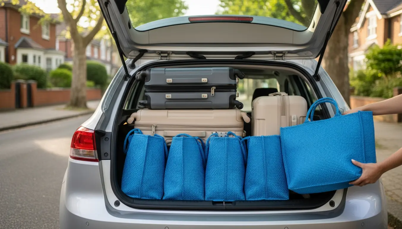 Åben bilbagagerum med fem store blå bæreposer og tre kufferter klar til flytning.