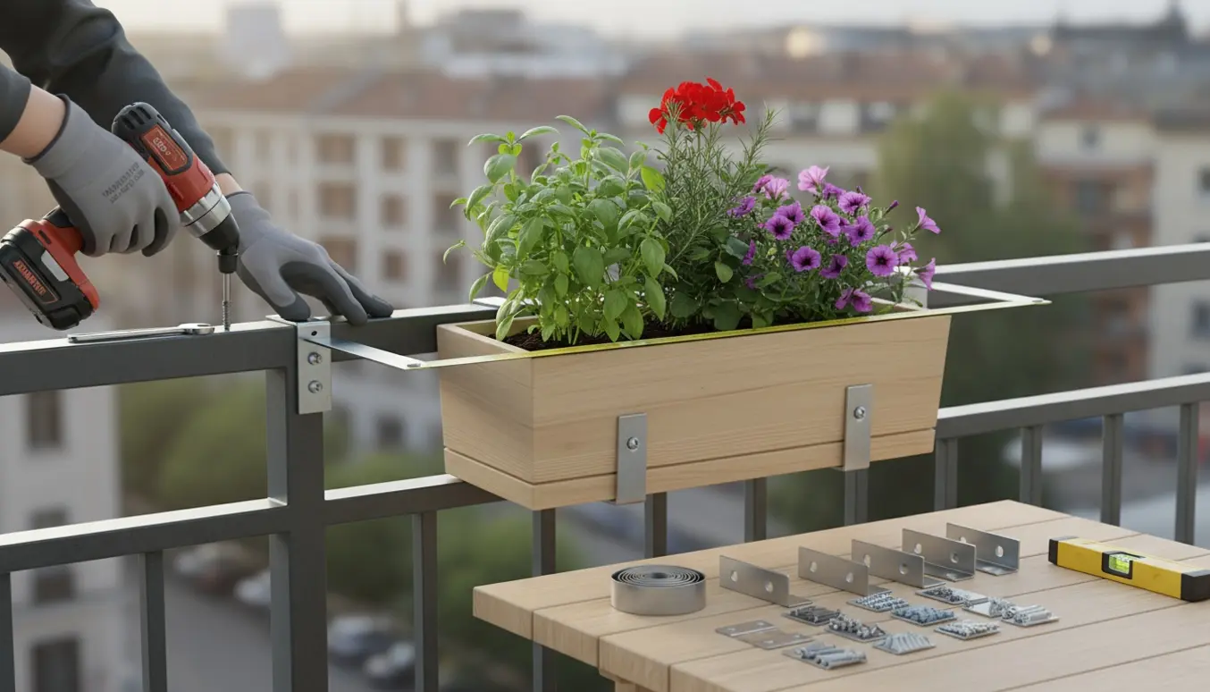 Nærbillede af beslag, der monteres på et dybt altanrækværk med en blomsterkasse klar til ophæng.