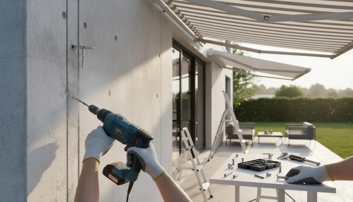 To markiser monteres på en jernbetonmur med bor, ankre og stiger, mens hænder viser udfordringen med for lange bolte.