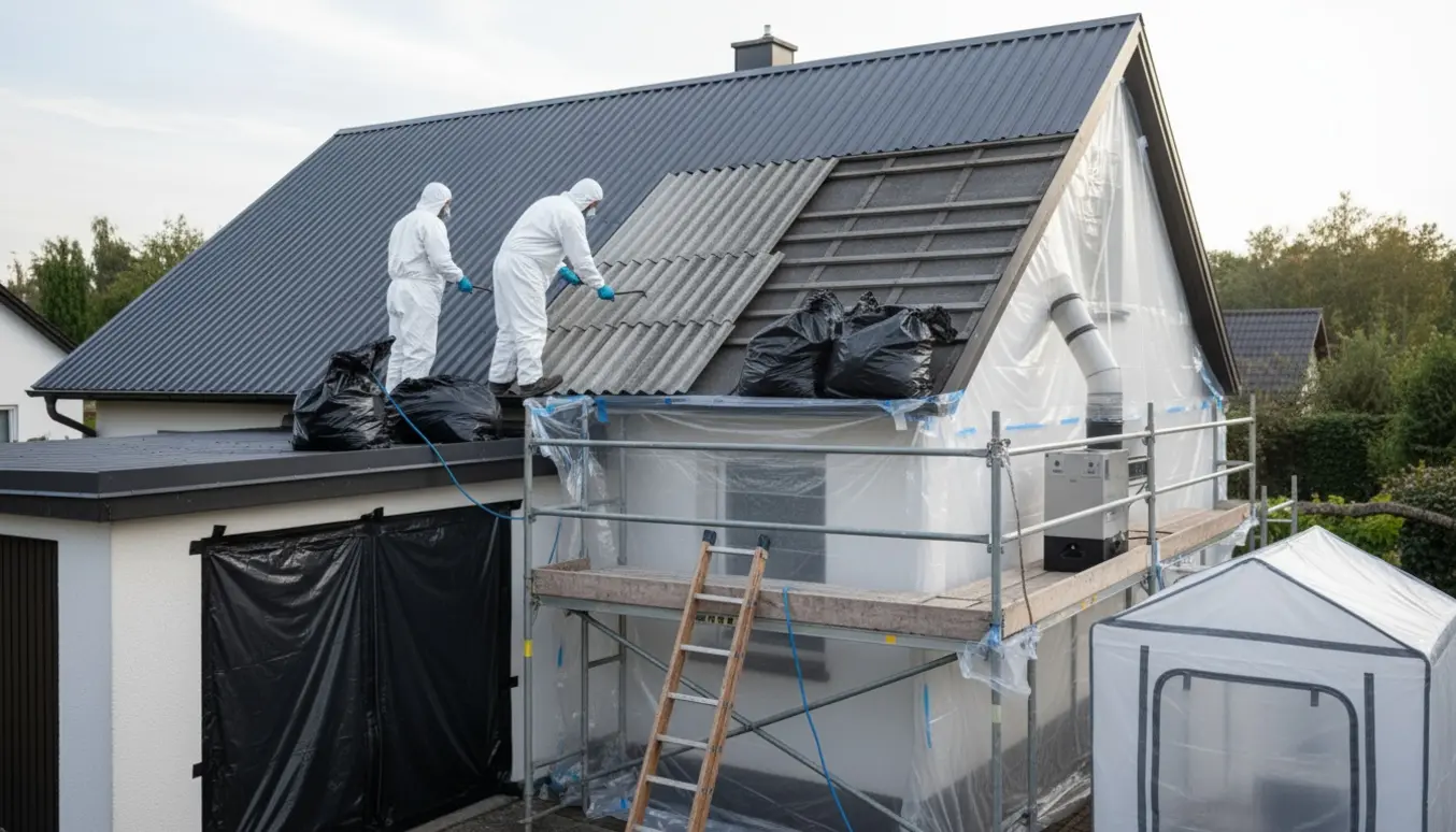 Teknikere i beskyttelsesdragter fjerner og indkapsler eternittag ved hjælp af sikkerhedsudstyr og værktøj.