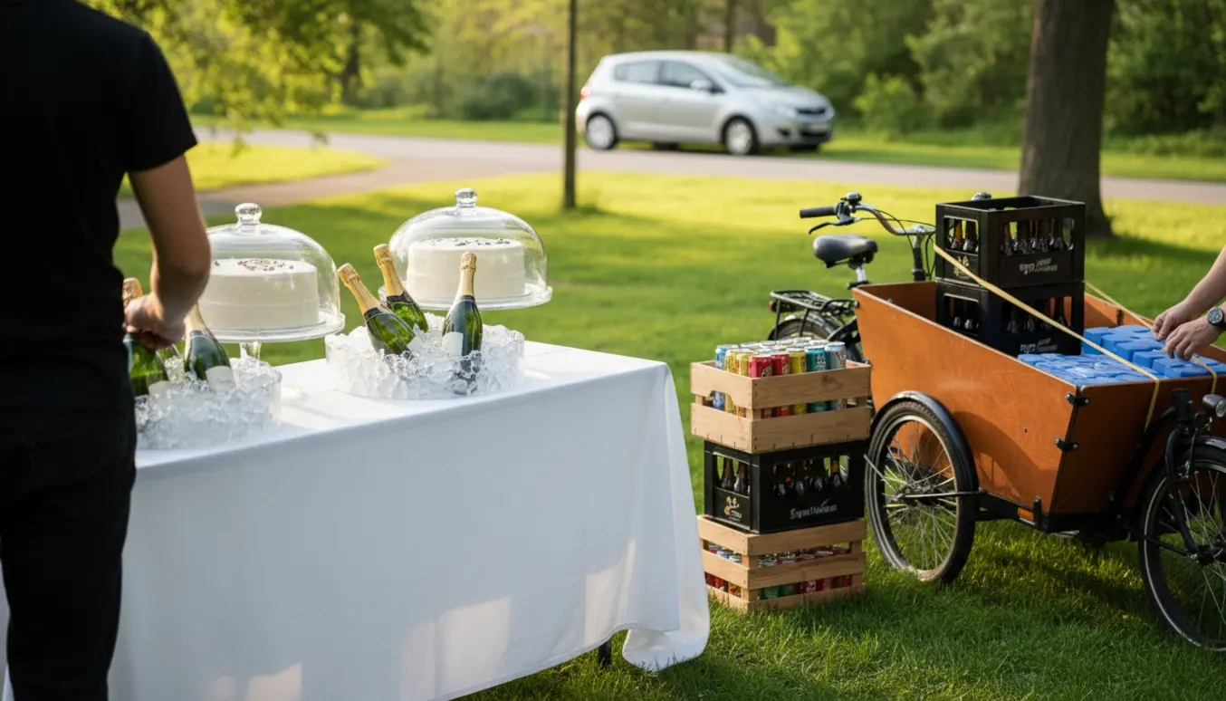 Ladcykel og opdækning i en park med isfyldte polystyren-tønder, champagneflasker, sodavands- og ølkasser samt kager.