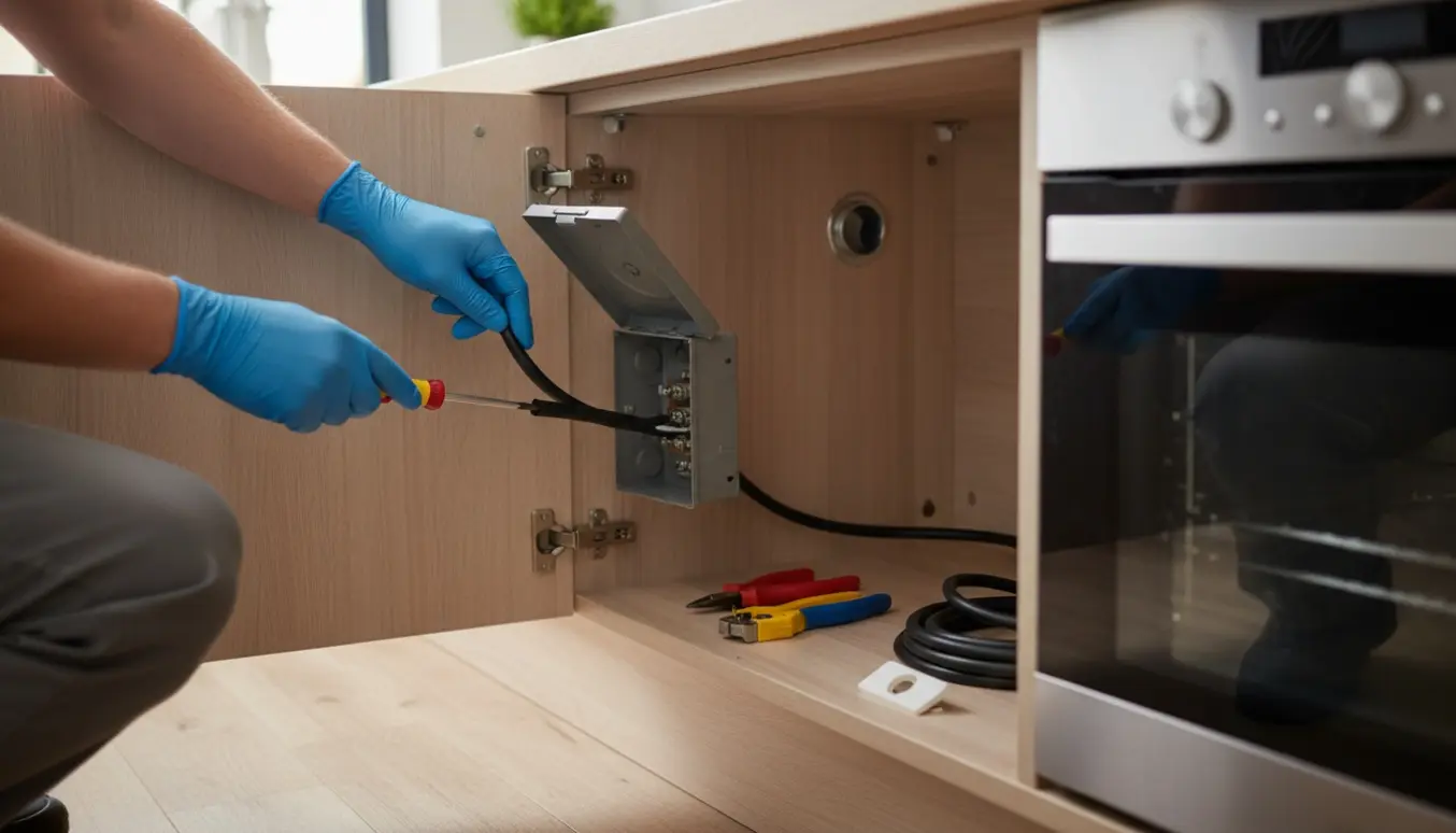Handskerede hænder afmonterer et ovn-el-kabel i bunden af et åbent køkkenskab med værktøj omkring.