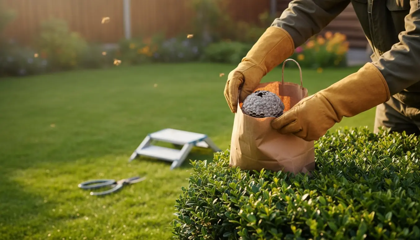Beskyttede hænder fjerner et hvepsebo fra en lav hæk og lægger det i en papirpose i en have.