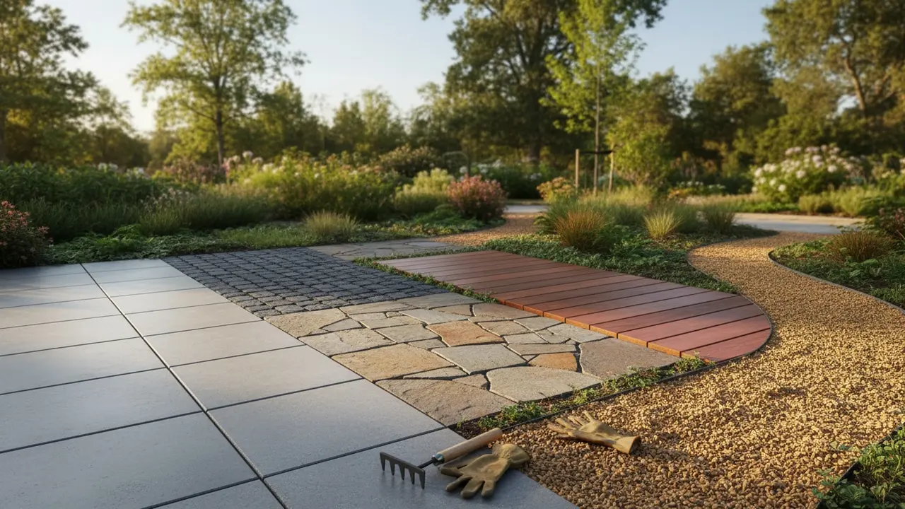 Forskellige belægningstyper i et haveopslag: betonfliser, natursten, træ og grus