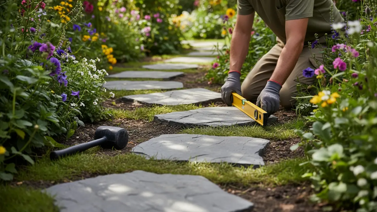 Installation af trædesten i en have, sten lagt let under terræn med værktøj ved siden af
