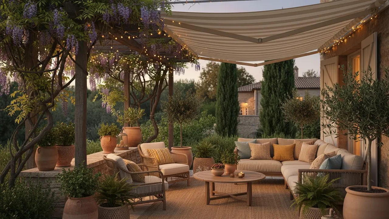 Hyggelig terrasse med pergola og markise, farverige puder og havemøbler