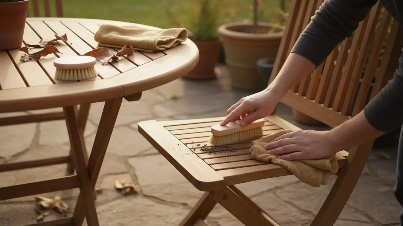 Person fjerner løst snavs fra teakstol med blød børste og klud på terrasse