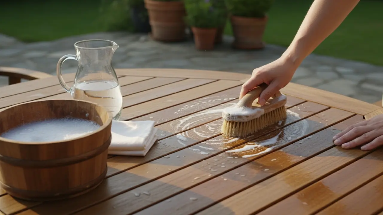 Hænder skrubber teakbord med blød børste og mild sæbeopløsning ved spand med sæbevand