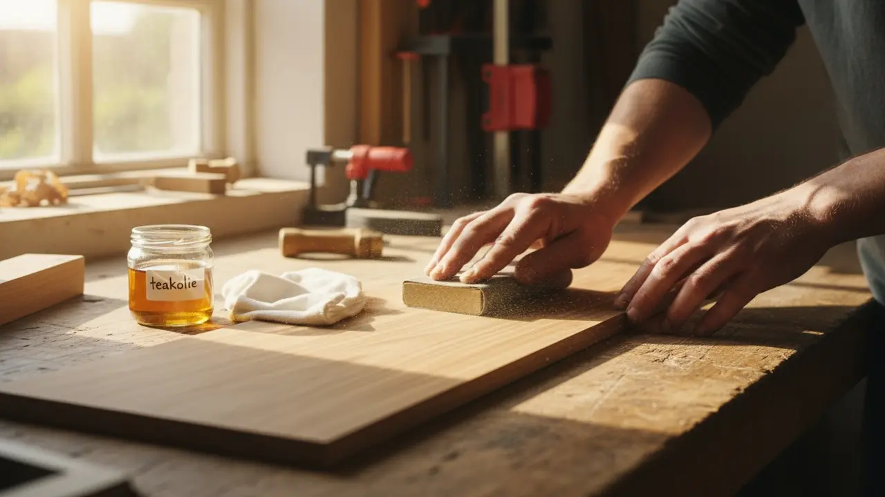 Nærbillede af hands sliber teak i træets fibre med fint sandpapir, olie og klud ved siden af