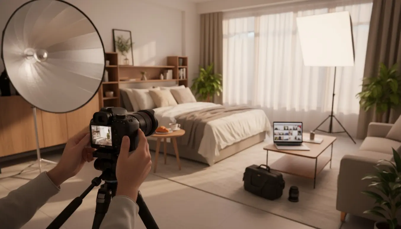 Professionel fotograf indstiller et DSLR-kamera i en stilfuld Airbnb-lejlighed med softbox, reflector og en laptop med miniaturebilleder.