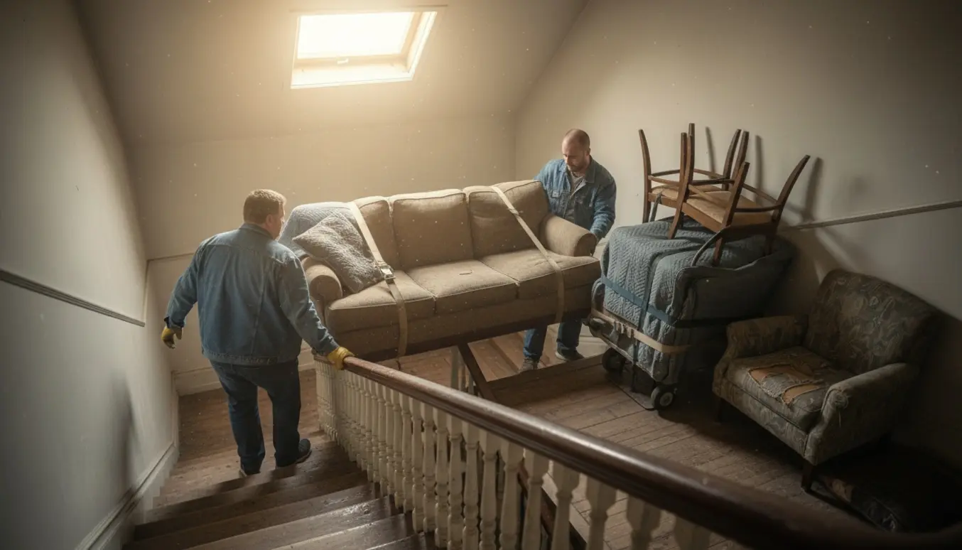 Flyttefolk bærer en tre-personers sofa og mindre sofaer ned ad en smal trappe fra et loftrum klart til afhentning.