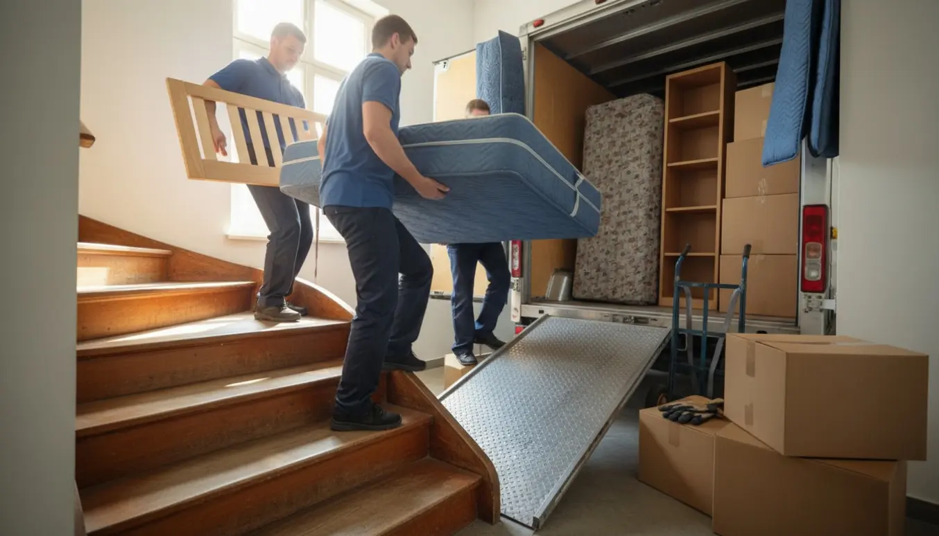 To personer bærer en seng ned ad en trappe mod en åben flyttebil med stabler af flyttekasser.