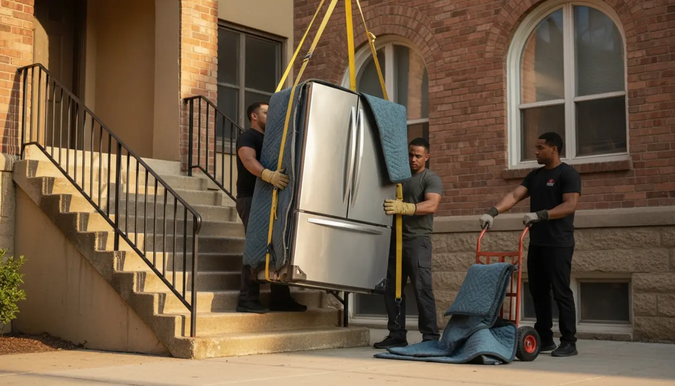 To personer bærer et stort køleskab ned ad trappen fra 3. sal mod gaden med flyttetæpper og surringsstropper.