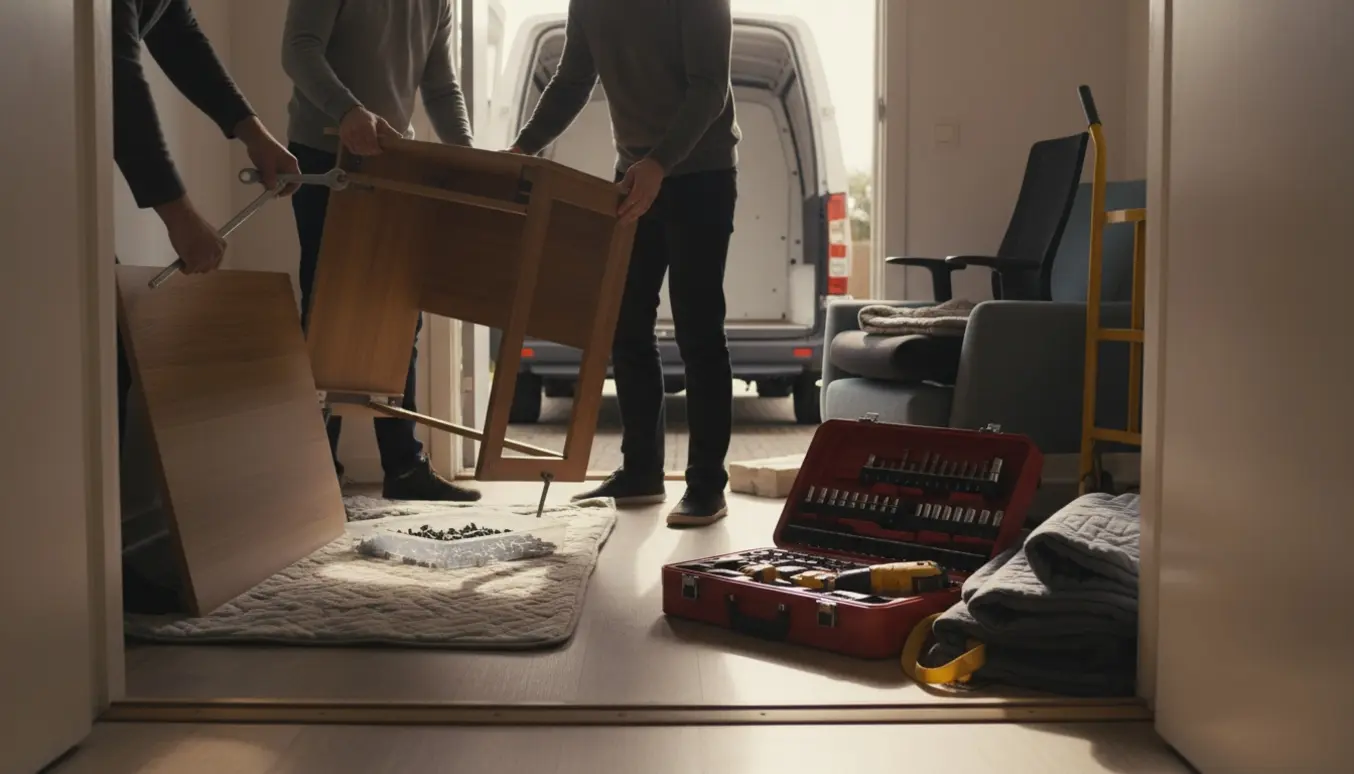 To personer bærer og adskiller et tungt skrivebord til genbrug i en opgang ved en varevogn, omgivet af stole, værktøj og flytteudstyr.