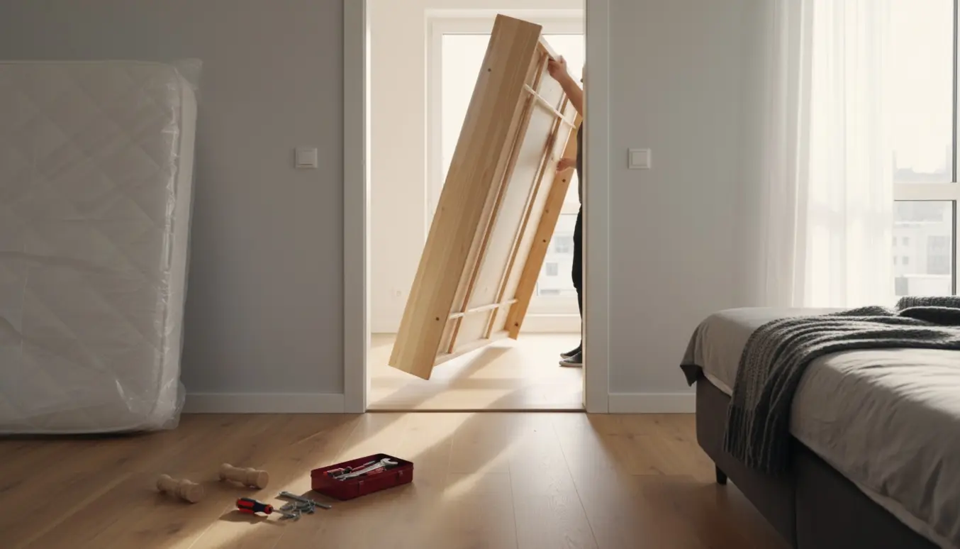 En 180x200 seng står på højkant i en lys lejlighed med madrassen indpakket og afmonterede ben ved siden af.