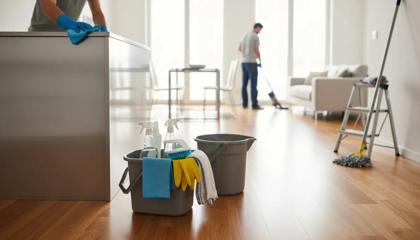 Rengøringsperson tørre køkkenø af i et lyst, ryddeligt hjem med rengøringsudstyr i forgrunden.