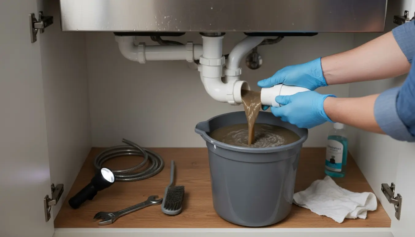 Åbent køkkenskab under vask med handsker, der holder en afmonteret PVC-afløbsrør over en spand og værktøj ved siden af.