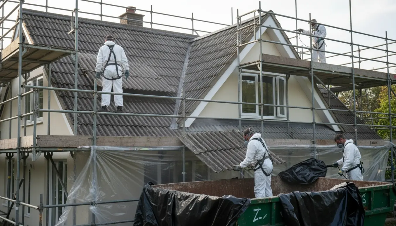 Arbejdere i beskyttelsesdragter fjerner asbesttagplader fra en 2-plans villa med opsat stillads.