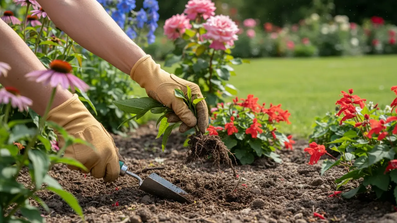Person trækker ukrudt op med håndredskab i et blomsterbed