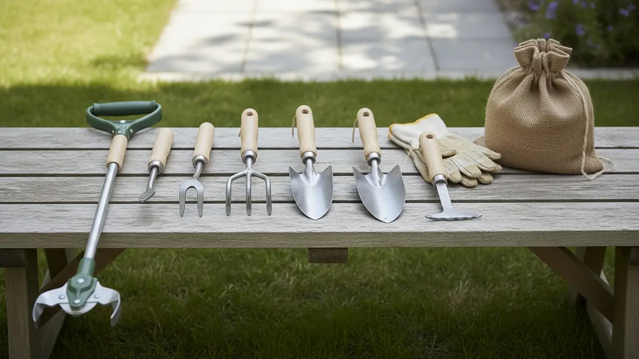 Opsætning af almindelige lugeredskaber: trækker, hakke, kultivator, skovl, kniv og handsker