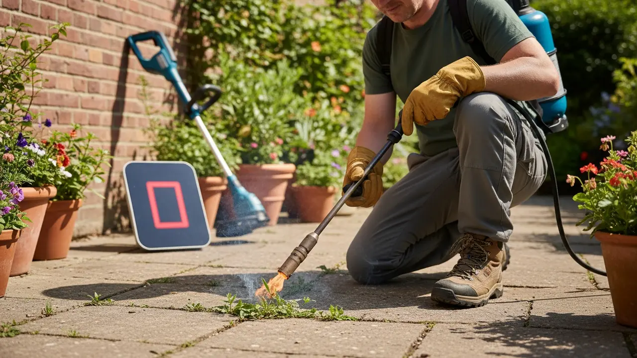 Person bruger gasukrudtsbrænder på mellem fliser mens elektrisk og infrarød udstyr ses i baggrunden