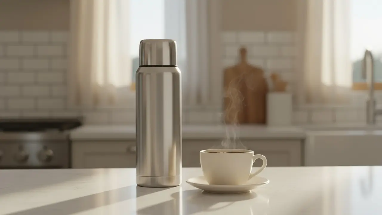 Ren termokande og kaffekop på køkkenbord i blødt morgenlys.