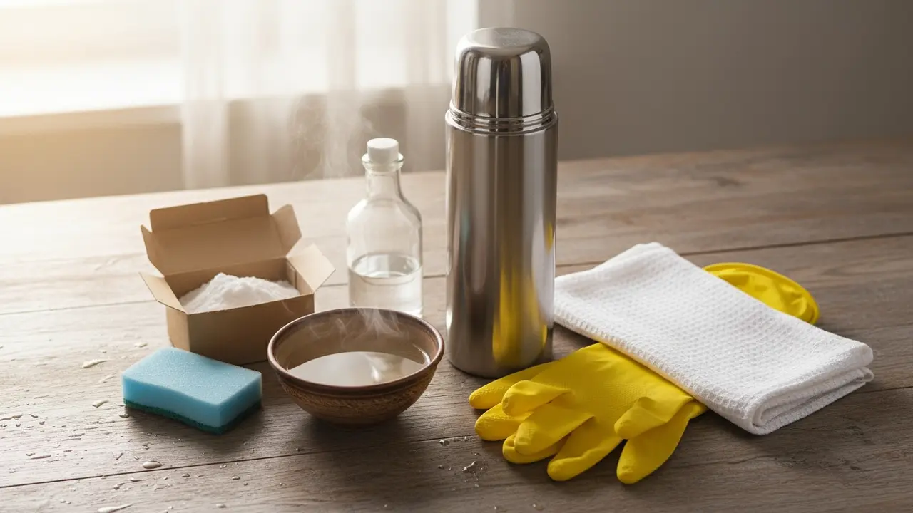Rengøringsredskaber: blød svamp, bagepulver, eddike og varmt vand ved en termokande.