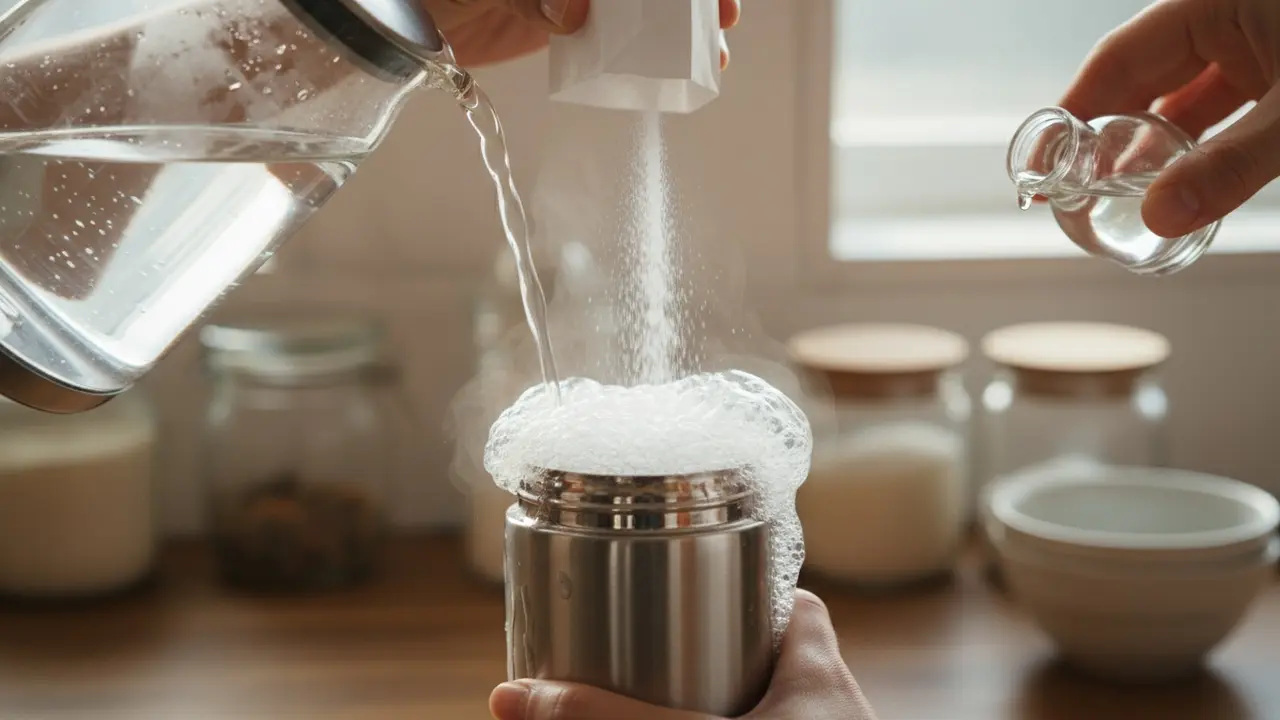 Bagepulver hældes i termokande og eddike skaber brusende reaktion.