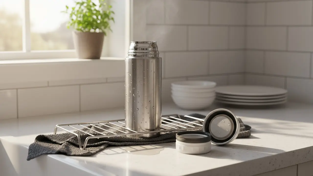 Ny-renset termokande på tørrestativ ved siden af åbent låg, klar til at lufttørre.