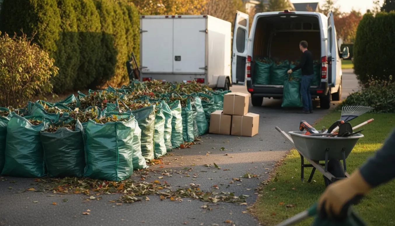 Stak haveaffaldssække og papkasser ved indkørsel klar til afhentning.