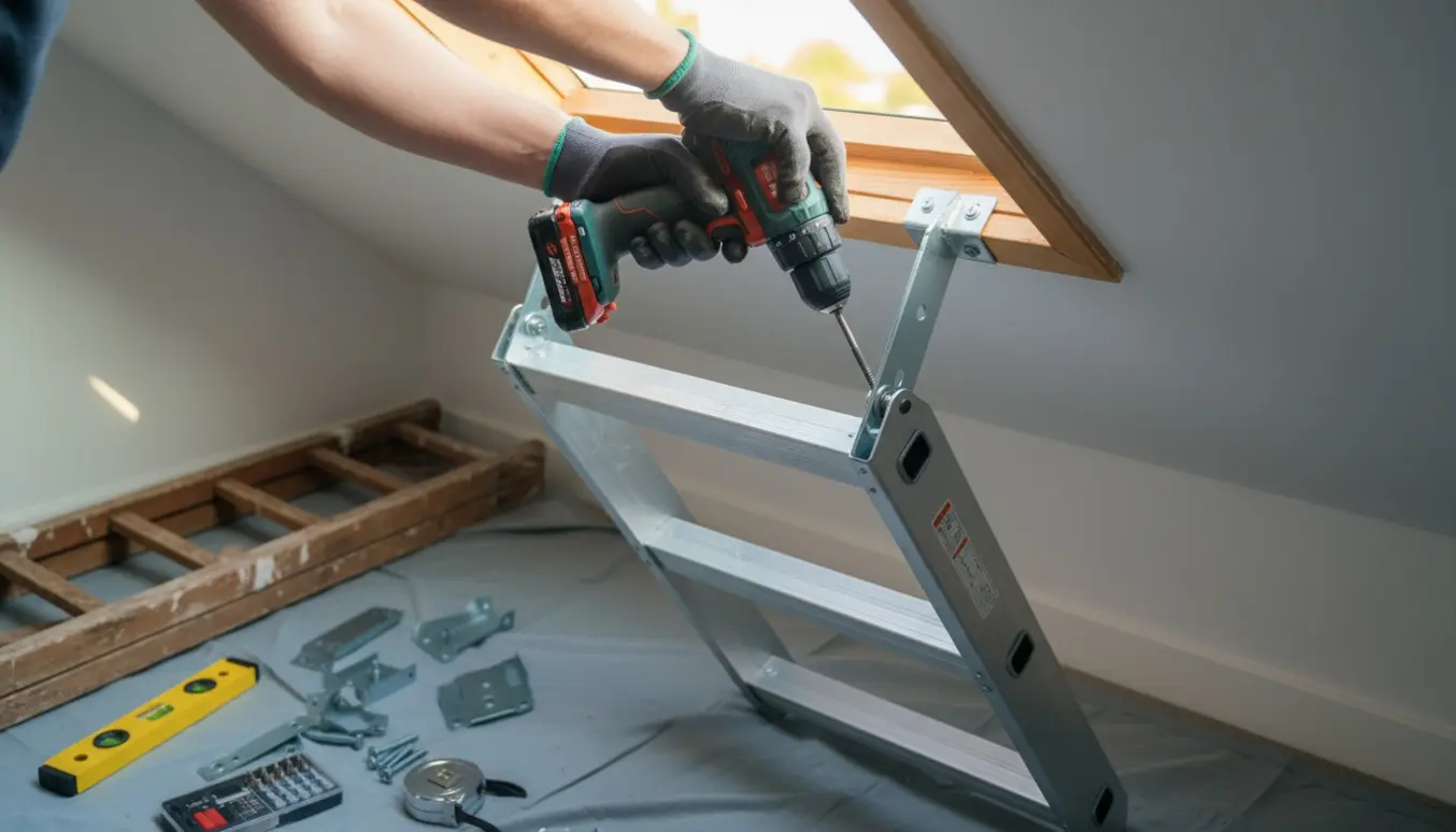 En håndværker fastgør en ny teleskopmetal-loftstige gennem en åben loftlem, med værktøj og den gamle trappestige ved siden af.